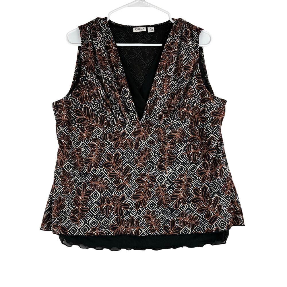 Vintage Y2K Cato Sleeveless Blouse Women XL Geometric Vines Motif Sheer Underlay